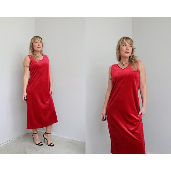 1990's Vintage Private Luxuries Holiday Red Velvet Slip Dress ~ Women's SM to MD - Picture 1 of 10